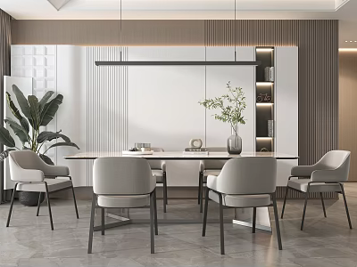 Modern Restaurant Interior With Dining Table Grey Chairs Large Green Plant And Hanging Lights 3d model