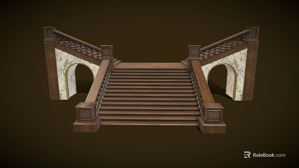 Elegant Wooden Staircase With Arched Sides Carved Handrails And Marble Accents 3d model 