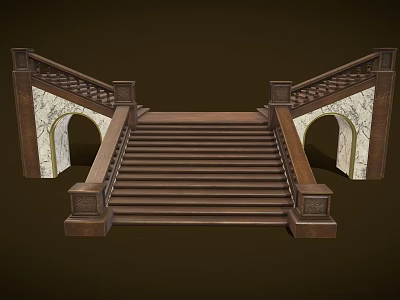 Elegant Wooden Staircase With Arched Sides Carved Handrails And Marble Accents 3d model