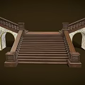 Elegant Wooden Staircase With Arched Sides Carved Handrails And Marble Accents