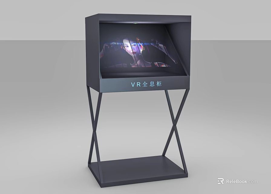Black Metal VR Display Stand With Screen Showing Immersive Virtual Reality Content 3d model