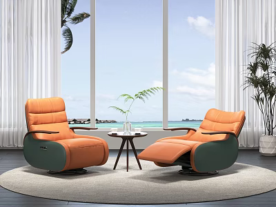 Orange Massage Chairs With Green Base Small Table Plant And Large Windows Sea View Sky 3d model