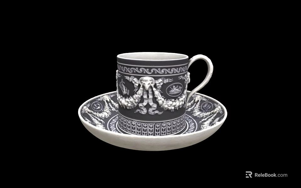 Elegant Ceramic Cup And Saucer Set With Intricate Black White Decorative Patterns 3d model 