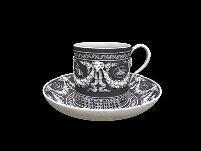 Elegant Ceramic Cup And Saucer Set With Intricate Black White Decorative Patterns 3d model