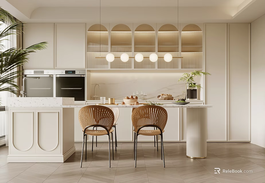 Modern Minimalist Restaurant Interior With Arched Cabinets Pendant Lights Marble Countertop And Rattan Chairs 3d model 