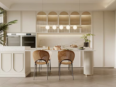 Modern Minimalist Restaurant Interior With Arched Cabinets Pendant Lights Marble Countertop And Rattan Chairs 3d model