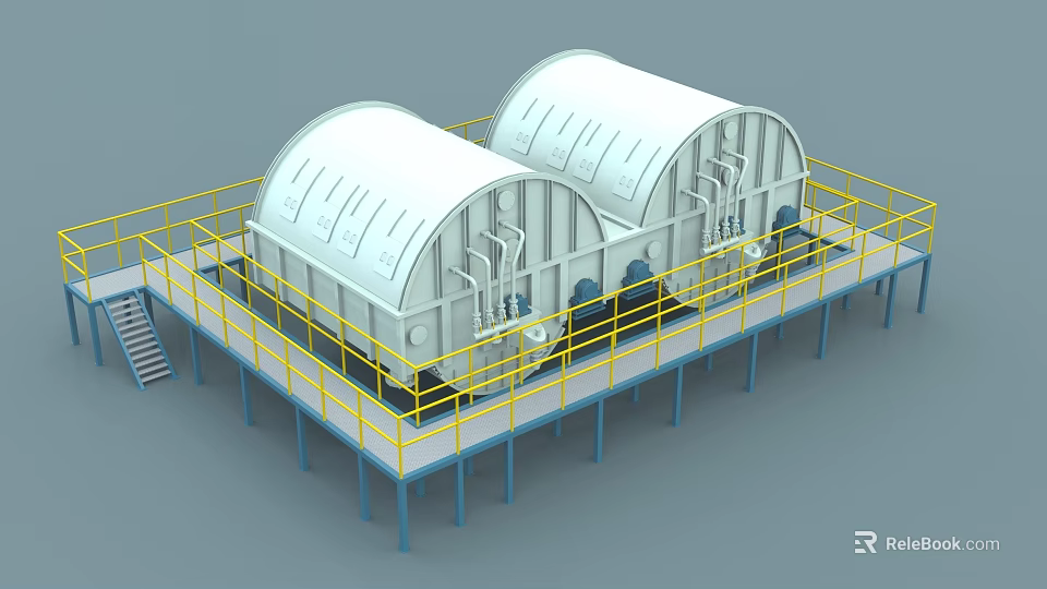 Industrial Storage Tanks on Elevated Platform with Yellow Railings and Pipes 3d model 