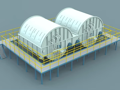 Industrial Storage Tanks on Elevated Platform with Yellow Railings and Pipes 3d model