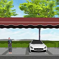 Outdoor Carport with Maroon Awning White Sports Car Green Trees and Lawn