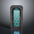 Futuristic Door Design With Blue Glowing Hexagonal Grid And Metal Frame Structure