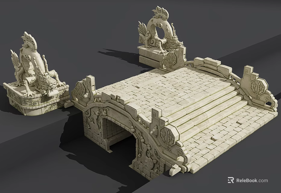 Traditional Stone Arch Bridge Featuring Intricate Dragon Sculptures And Carved Steps 3d model 