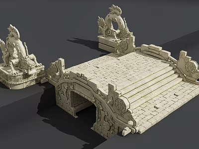 Traditional Stone Arch Bridge Featuring Intricate Dragon Sculptures And Carved Steps 3d model