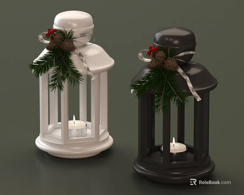 White and Black Candlestick Lanterns Adorned with Pine Branches Pine Cones Red Berries and Ribbons 3d model 