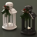 White and Black Candlestick Lanterns Adorned with Pine Branches Pine Cones Red Berries and Ribbons