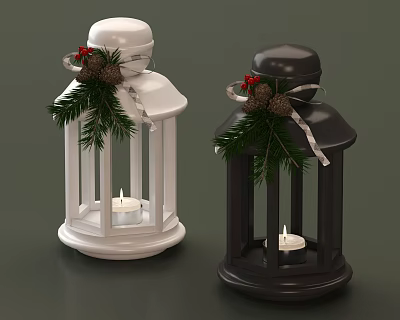 White and Black Candlestick Lanterns Adorned with Pine Branches Pine Cones Red Berries and Ribbons 3d model