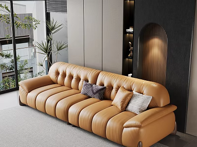 Modern Living Room Interior With Tan Leather Sofa Throw Pillows And Plants Near Large Windows 3d model