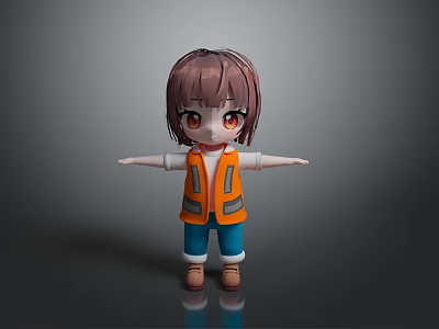 3D Cartoon Girl With Short Brown Hair Orange Safety Vest Blue Pants Arms Outstretched Gray Background 3d model