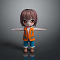 3D Cartoon Girl With Short Brown Hair Orange Safety Vest Blue Pants Arms Outstretched Gray Background