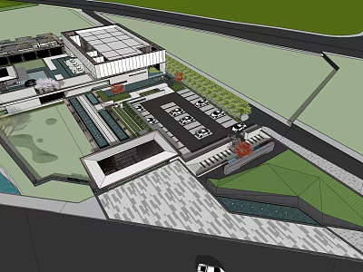 Modern Sales Office Building With Landscaped Greenery Parking Area And Water Features 3d model