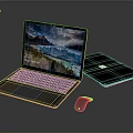 Modern Open Laptop With Scenic Display Screen And Closed Notebook With Wireless Mouse 3d model
