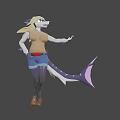 Woman with blonde hair wearing brown top and blue shorts with purple pink tail