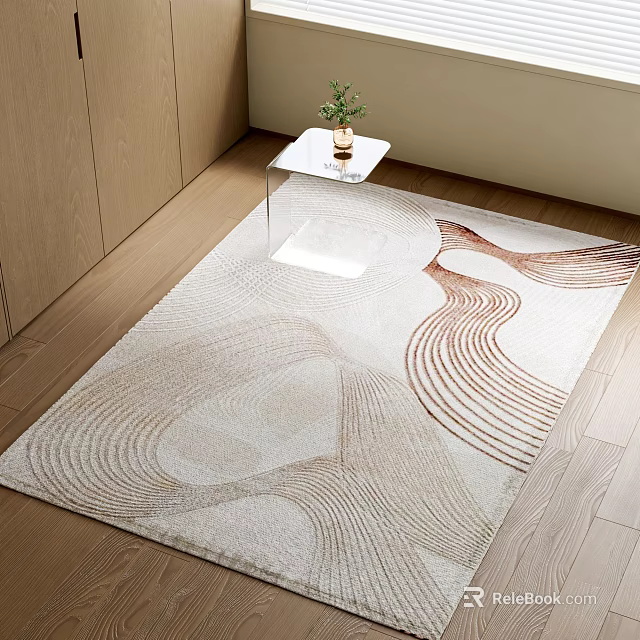 Square Rug With Beige Brown Wavy Patterns On Wooden Floor With White Table And Plant 3d model 