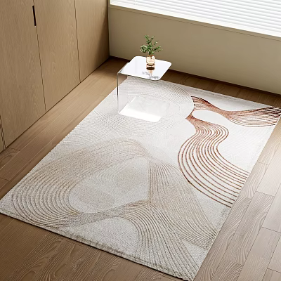 Square Rug With Beige Brown Wavy Patterns On Wooden Floor With White Table And Plant 3d model
