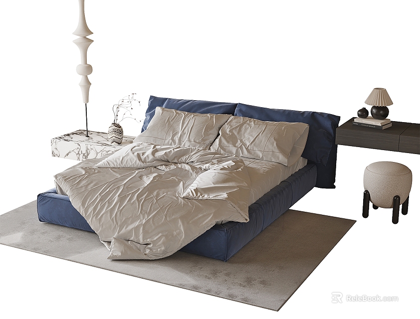 Cozy Blue Double Bed With White Bedding Nightstand Table Lamp And Stool On Rug 3d model 