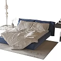 Cozy Blue Double Bed With White Bedding Nightstand Table Lamp And Stool On Rug