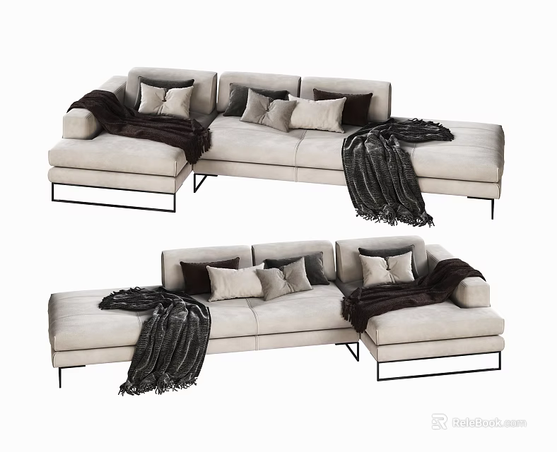 Modern Sectional Sofa With Light Beige Upholstery Plush Cushions And Cozy Throw Blankets 3d model