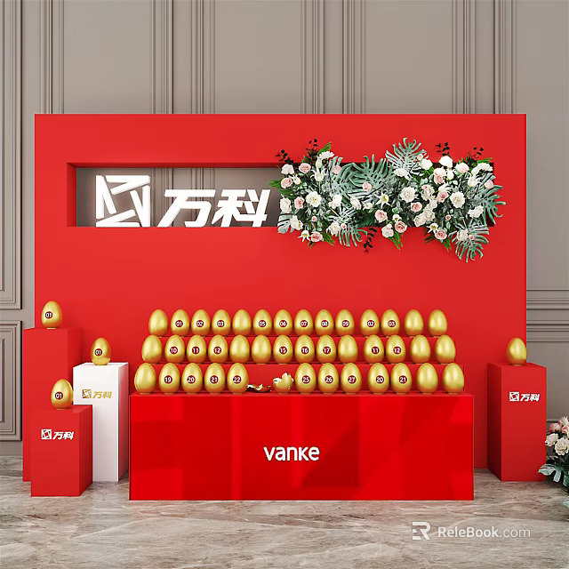 Vanike Event Setup With Red Background Golden Eggs And Flower Decorations 3d model 
