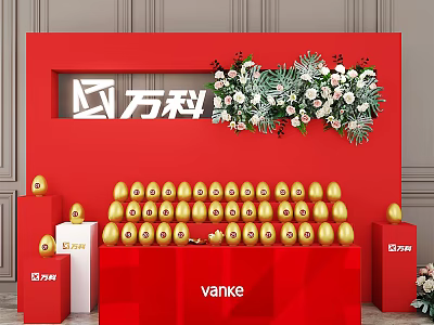 Vanike Event Setup With Red Background Golden Eggs And Flower Decorations 3d model