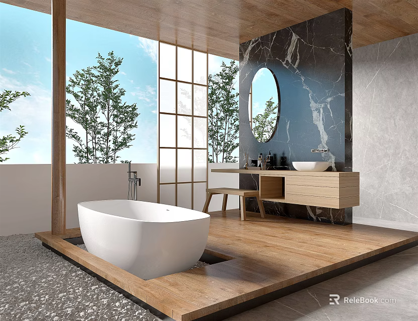 Modern Bathroom With Freestanding Bathtub On Wooden Platform Round Mirror And Marble Accent Wall 3d model 