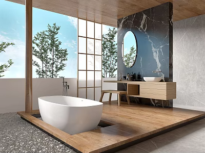 Modern Bathroom With Freestanding Bathtub On Wooden Platform Round Mirror And Marble Accent Wall 3d model