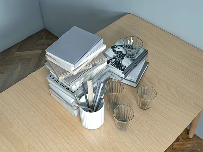 Stack of Books Magazines on Wooden Table with White Pen Holder and Clear Glass Cups 3d model