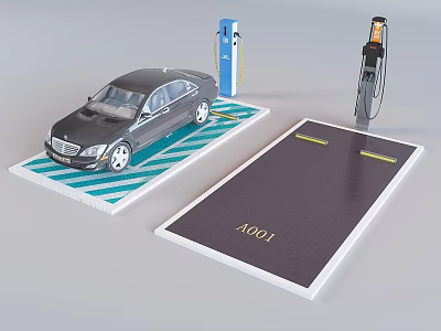 Electric Vehicle Charging Station With Car And Charging Equipment On Marked Parking 3d model