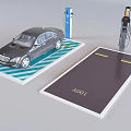 Electric Vehicle Charging Station With Car And Charging Equipment On Marked Parking