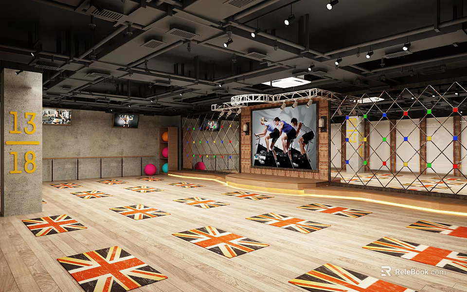 Modern Fitness Studio Featuring Union Jack Mats Large Screen Exercising People Colorful Balls Wooden Floor 3d model 