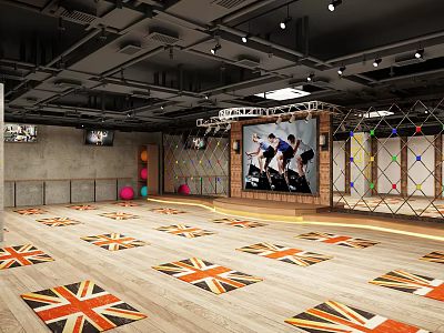 Modern Fitness Studio Featuring Union Jack Mats Large Screen Exercising People Colorful Balls Wooden Floor 3d model