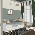 Cozy Kids Room With Light Green Wall Green Curtains Bed Stuffed Toys And Shelf Decorations