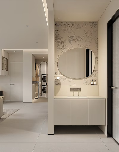 Modern Bathroom Vanity With Round Mirror Floral Patterned Wallpaper Light Countertop Cabinet And Modern Faucet 3d model
