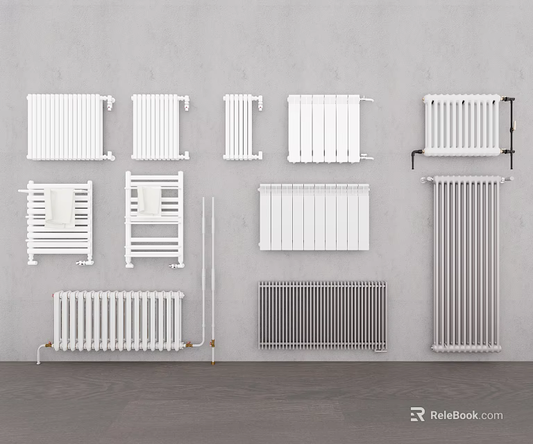 Various Types of Radiators Arranged on Gray Wall with Different Designs for Home Heating 3d model 