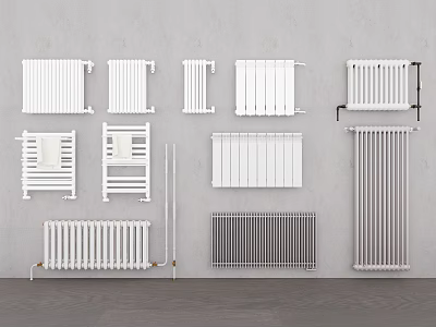 Various Types of Radiators Arranged on Gray Wall with Different Designs for Home Heating 3d model