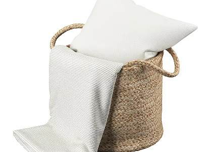Natural Fiber Woven Storage Basket with Handles Holding White Pillow and Blanket 3d model