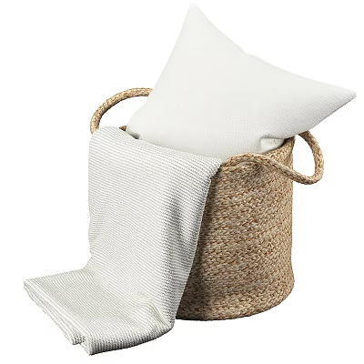 Natural Fiber Woven Storage Basket with Handles Holding White Pillow and Blanket 3d model