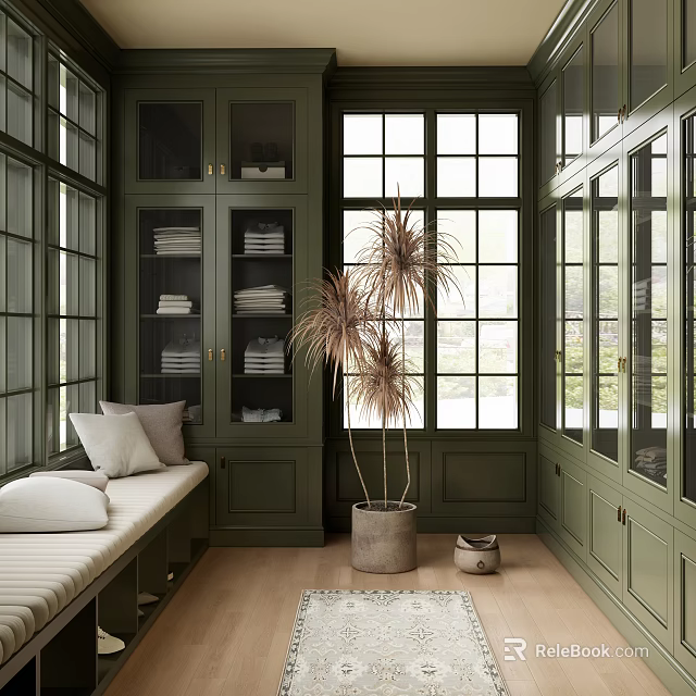 Dark Green Walk-in Closet with Bench Pillows Folded Towels Large Windows and Pampas Grass 3d model 