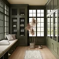 Dark Green Walk-in Closet with Bench Pillows Folded Towels Large Windows and Pampas Grass