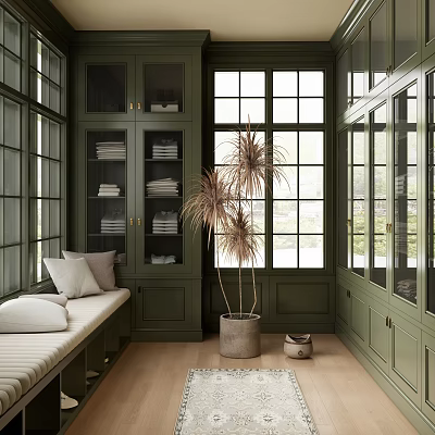 Dark Green Walk-in Closet with Bench Pillows Folded Towels Large Windows and Pampas Grass 3d model