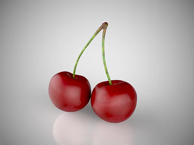 Fresh Red Cherries with Green Stems Shiny Surface on Gray Background 3d model