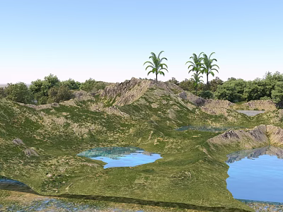 Scenic Rural Landscape With Lush Green Meadows Hills Lakes And Palm Trees 3d model